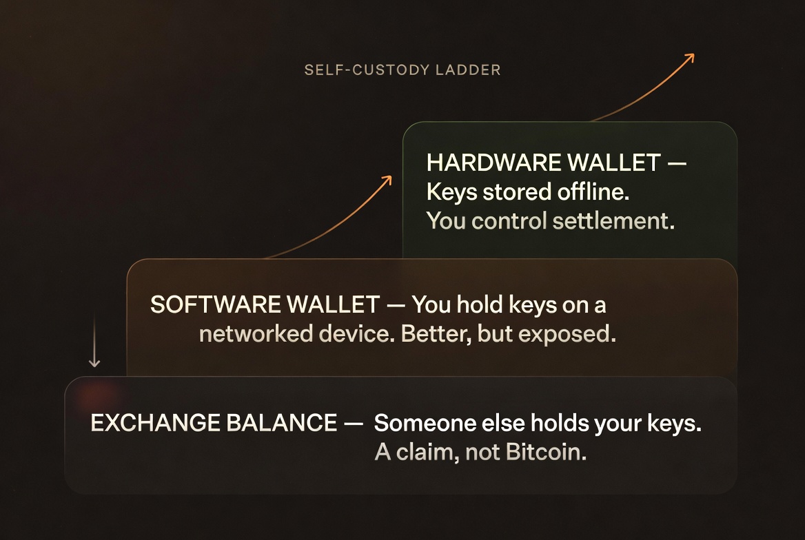 The self-custody ladder: three levels — Exchange Balance (someone else holds your keys), Software Wallet (you hold keys on a networked device), Hardware Wallet (keys stored offline, you control settlement).